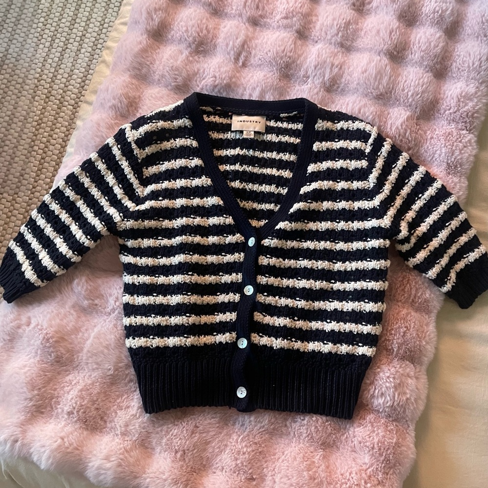 INDUSTRY Striped V-Neck Cardigan - Navy & Cream